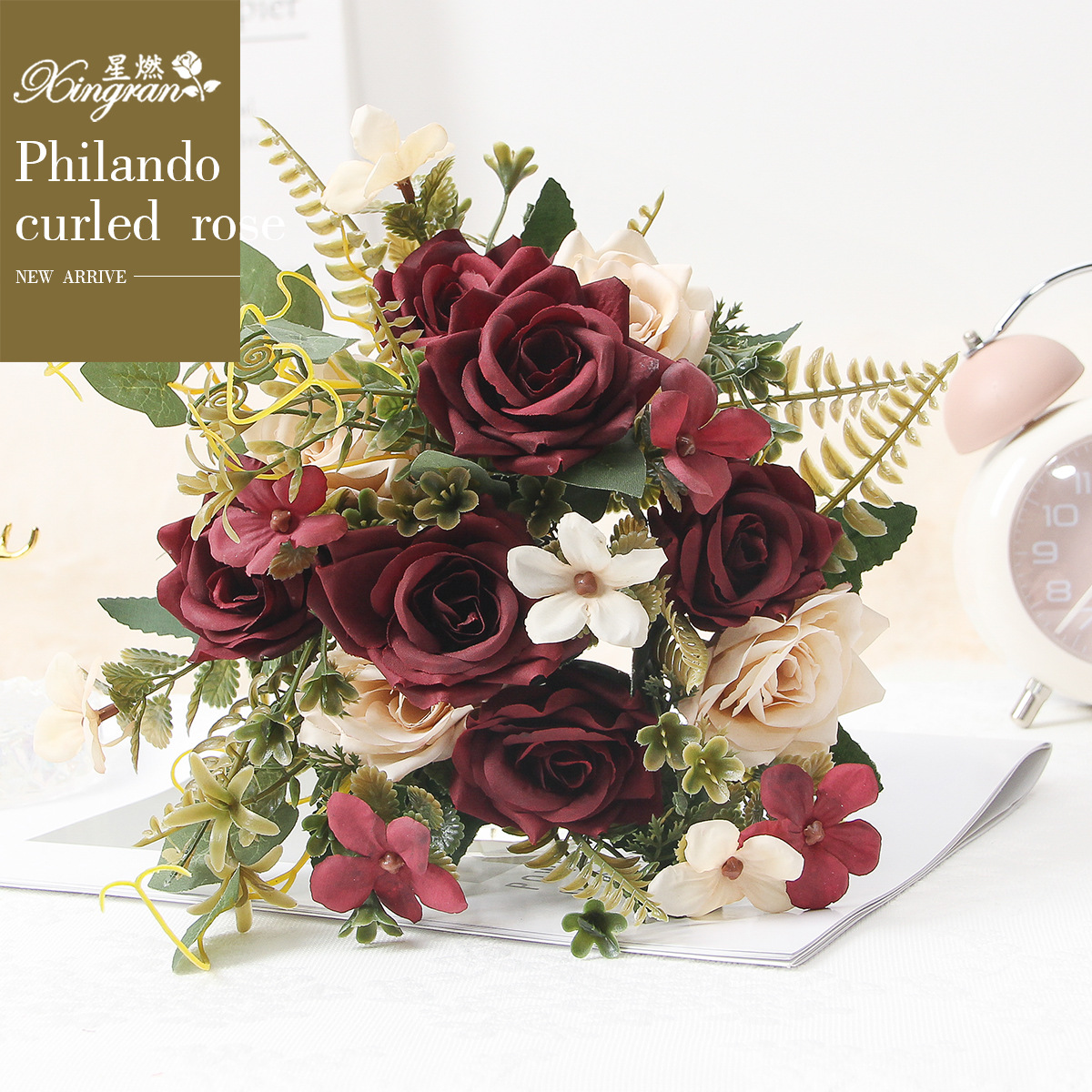 Foreign trade cross-border artificial flower wedding handle bunch of roses small handle flower feilanduo curling rose high-end Rose Wholesale