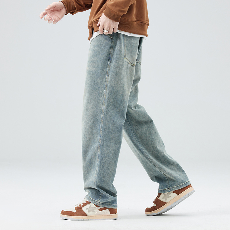 Pantalones vaqueros sueltos lavados para hombres viejos pantalones casuales de pierna ancha suaves para la piel Pantalones rectos de la marca de moda para hombres High Street