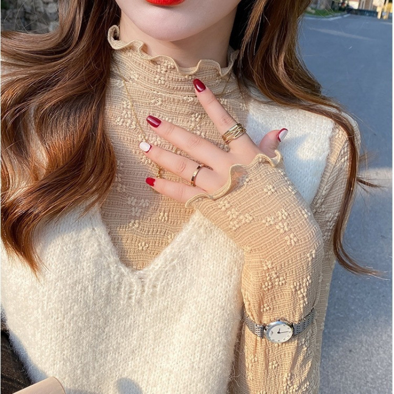蕾丝打底衫女半高领2025新款春秋薄款内搭长袖早秋上衣木耳边小衫|undefined