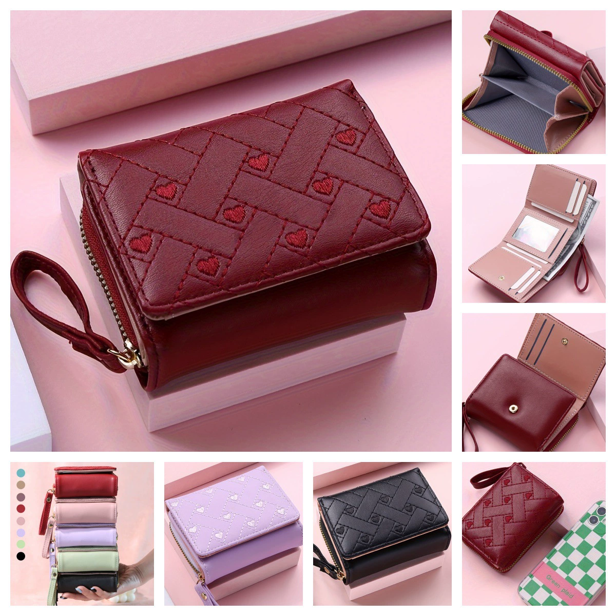 Women's Trifold Wallet, Embroidered Love Pattern, Compact Wristlet, Multi-Card 13.3×9.2×5.8 cm
