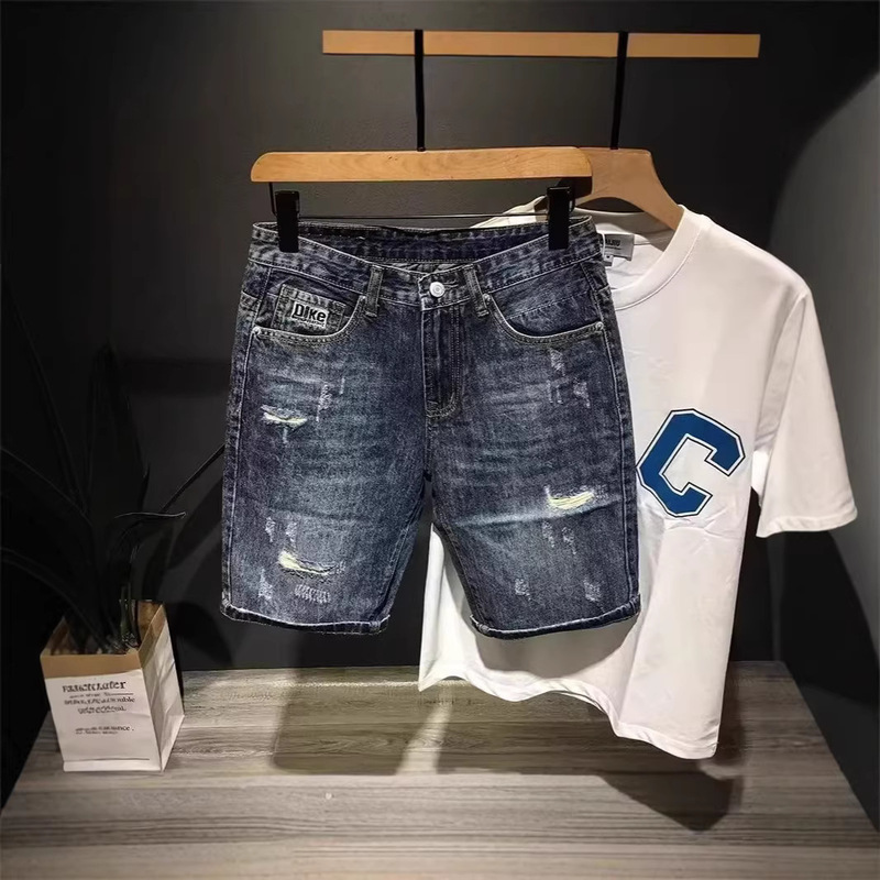 Men's Casual Shorts Summer Five-Point Pants Slim Fit Ripped Versatile Distressed American Style Plus Size Denim Shorts Korean Fashion Trend