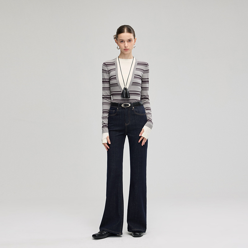 Seline Autumn and Winter Fleece-Lined Thick Velvet Version Original Fashion Beige Flared Jeans Non-Fading Four-Way Stretch