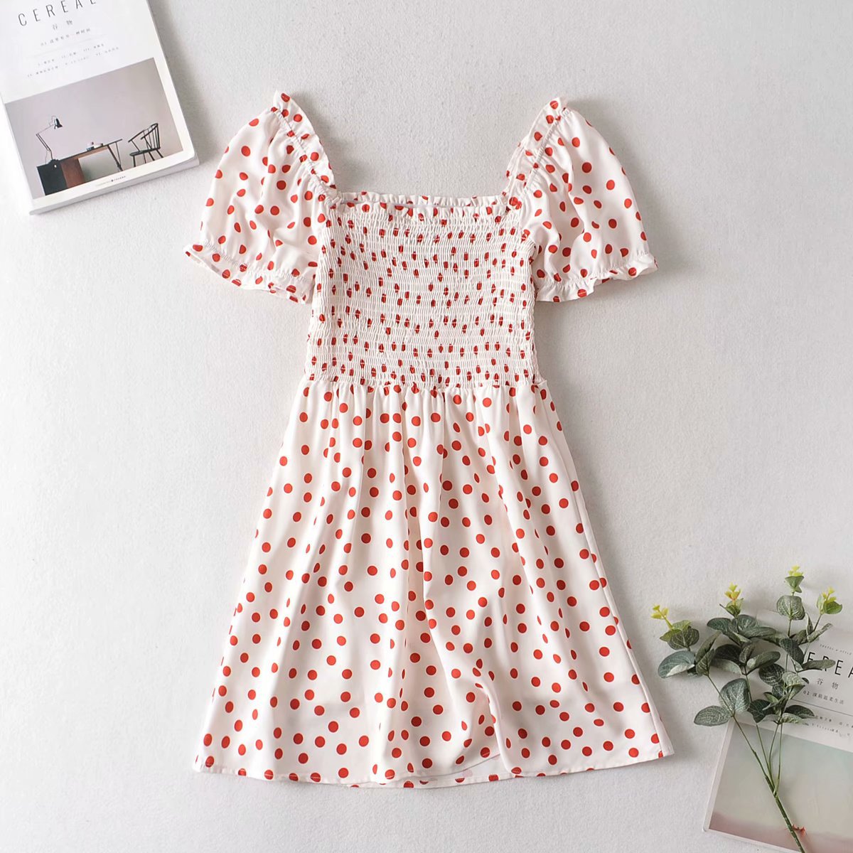 new wholesale new square collar elastic bust white polka dot print dress NSAM56021