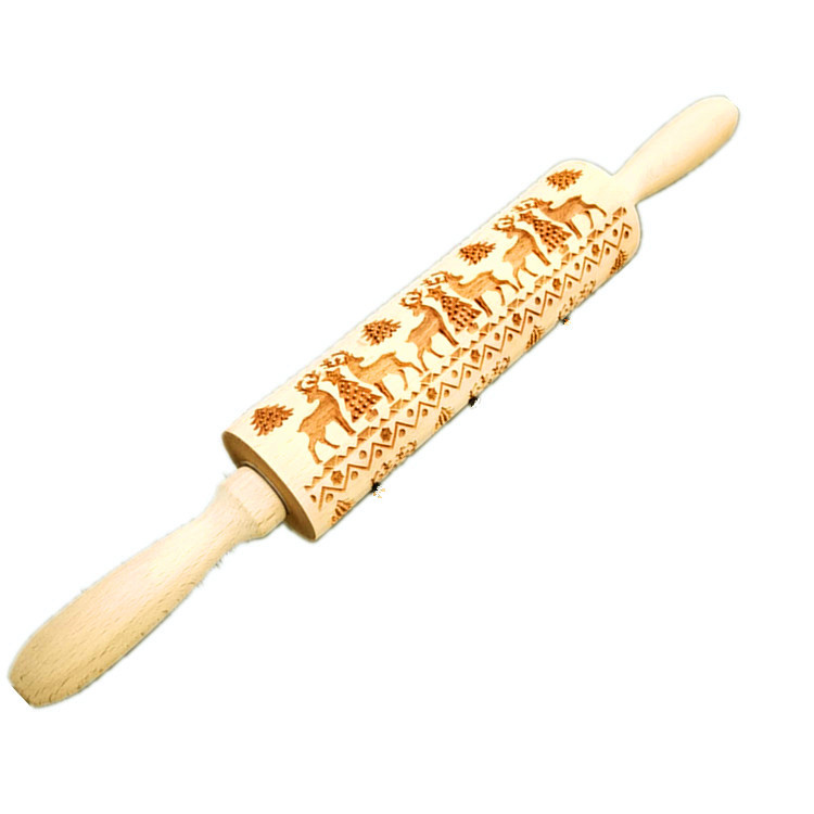 Madera Rolling pin haya grabado láser impresión Rolling pin relieve Rolling pin cuero Navidad fondant galleta presionando palo