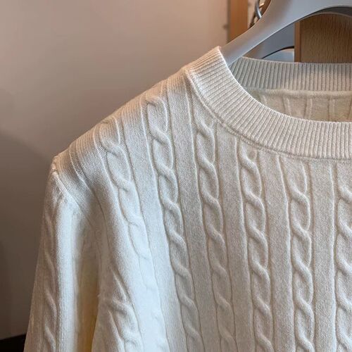 Twist sweater for women's autumn and winter soft waxy waxy all-match apricot round collar loose pullover Korean lazy-style sweater
