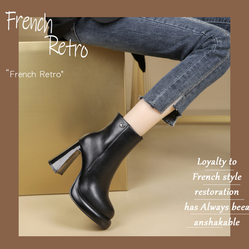 Waterproof Platform Chunky Heel New High-Heeled Short Boots for Women 2026 New Style Women's Boots Round Toe European and American Style Zipper Slim Martin Boots