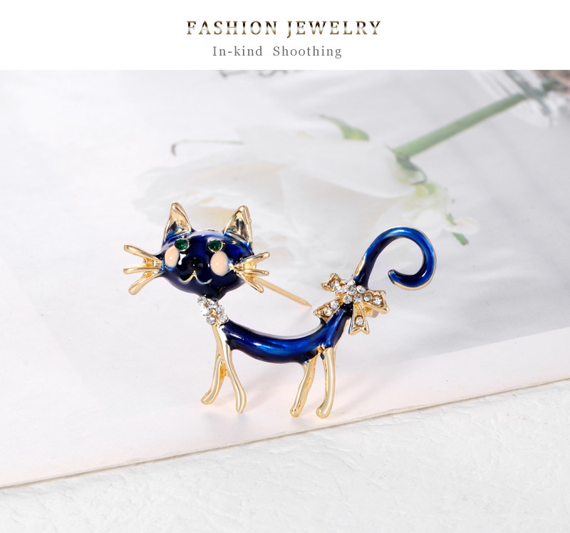 New Cat Personality Brooch Blue Dripping Rhinestones Cute Animal Brooch Wholesale display picture 2