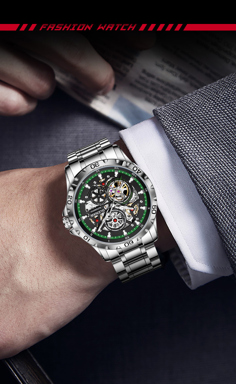 Đồng hồ nam automatic skeleton lộ máy hai mặt phát sáng dây thép chi tiết 3