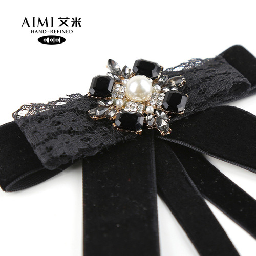 Black bow tie women's blouse, sweater top for autumn and winter, collar accessory, college style, high-end pin decoration