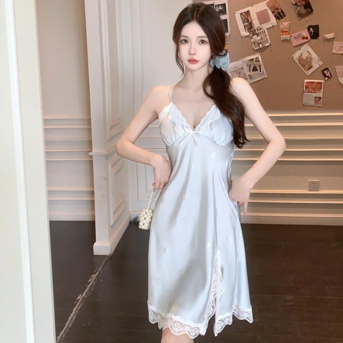 Verano con cojín de pecho pijama de chicas mariposa impresión de plata escaldado pijama de seda de hielo y nieve vestido de cinturón sexy pura ropa para el hogar