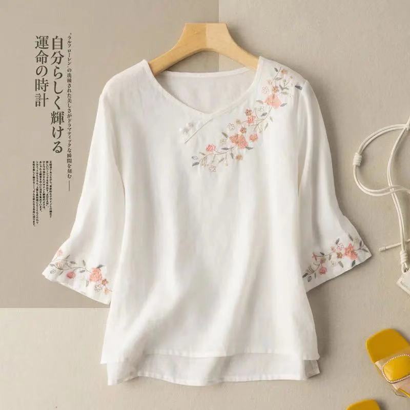 Three-quarter sleeve literary retro cotton and linen top for women…