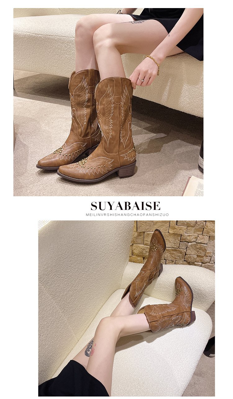 Bottes de cowboy western rétro cloutées Nouvelles bottes de chevalier brodées en V à talon épais pour femmes avec bottes mi-mollet pointues_voghion.com