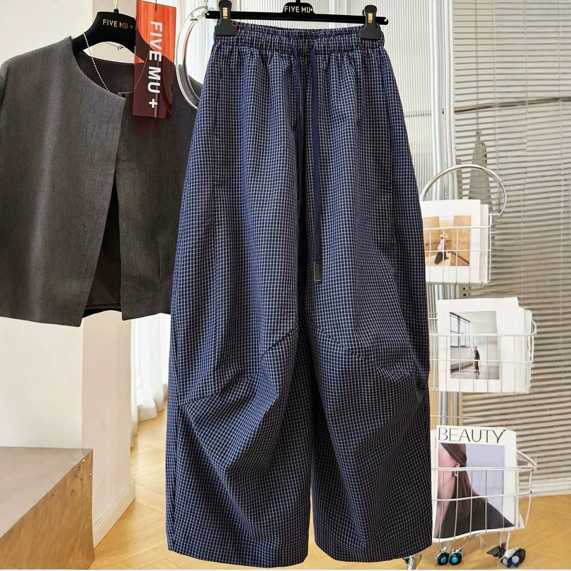 Plus-Size Retro Plaid Quick-Dry Wide-Leg Pants for Women, Summer Thin Loose Fit, Large Size 120kg Cropped Straight-Leg Casual Pants Plus-Size Retro Plaid Quick-Dry Wide-Leg Pants for Women, Summer Thin Loose Fit, Large Size 120kg Cropped Straight-Leg Casual Pants