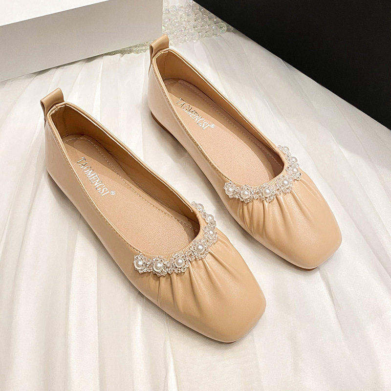 Giày búp bê nữ mũi vuông gót thấp đế mềm phối ngọc trai, kiểu Mary Jane thanh lịch — Màu nâu, Màu trắng, Màu đen