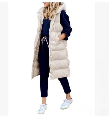 Giacca lunga imbottita in cotone con cappuccio tinta unita autunno e inverno 2022 da donna, giacca monopetto con cerniera senza maniche, calda e casual alla moda_voghion.com