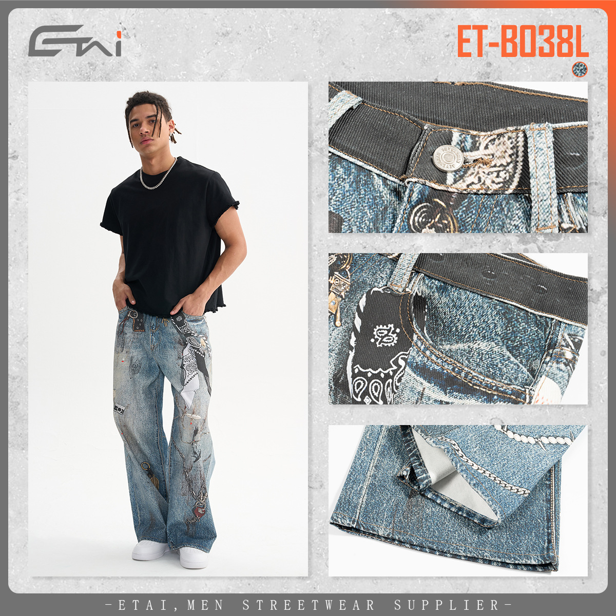 ETAI Hombre| Callejera americana pesada de algodón jeans de alta calidad marca de moda impresión 3D pantalones casuales para hombre