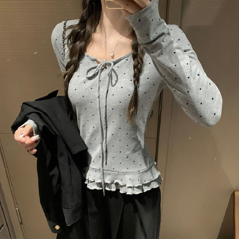 2025 Girly Style Long-Sleeved T-Shirt for Women with Bow Tie Design and Slimming Look Round Neck Top