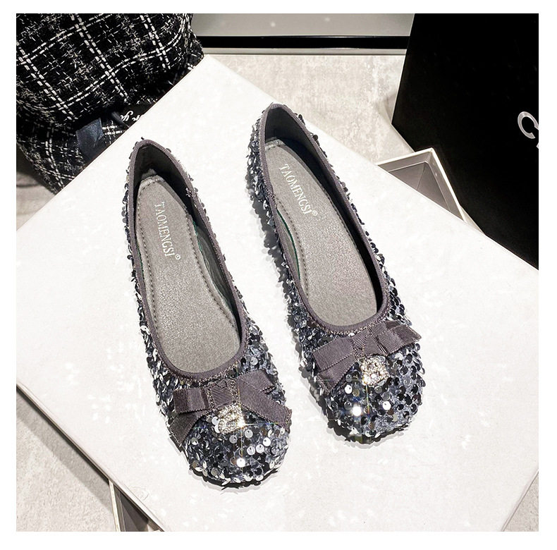 Giày búp bê nữ mũi vuông đế nhỏ đính sequin nơ, kiểu Mary Jane lười gót thấp 1–3 cm — Màu bạc, Màu đen chi tiết 32