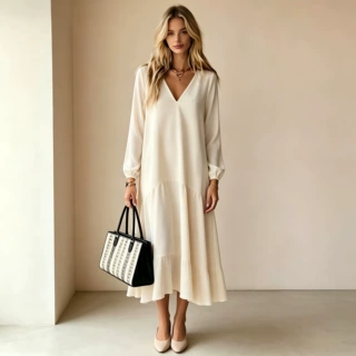 2026秋冬新款欧美亚马逊跨境 V 领长袖长裙宽松版连衣裙女装