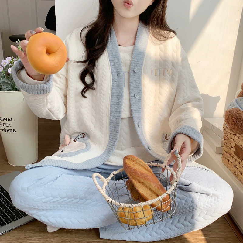 Беременная пижама зимой утолщенная воздушная вата из трех частей послеродового кормления