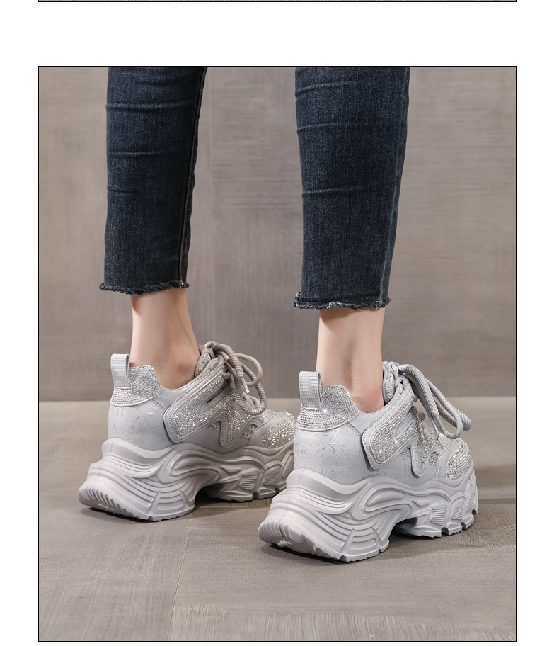 Giày sneaker nữ đế dày tăng chiều cao phong cách thể thao đính đá rhinestone — màu trắng chi tiết 13
