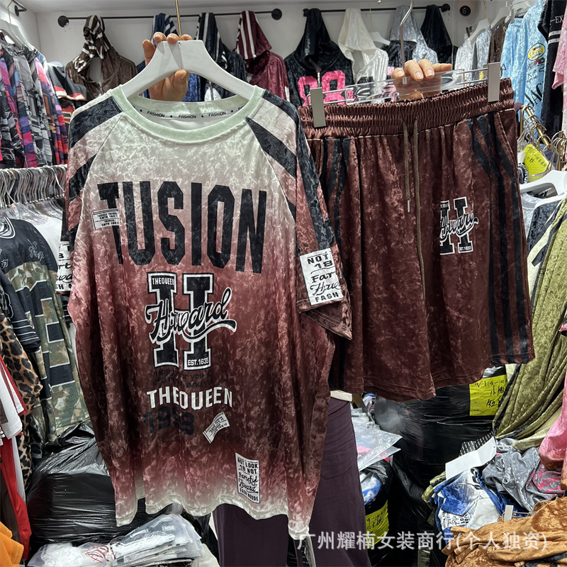 European and American Style Design Printed Lettering Loose Short-Sleeved Round Neck T-Shirt Top + Elastic Waist Wide-Leg Shorts Two-Piece Set for Summer