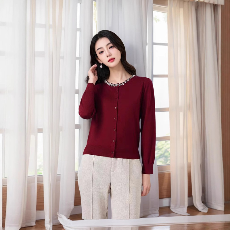 Yangzi Fine Imitation Wool Sweater Round Neck Cardigan Handmade Diamond Top Casual Big-Name Replacement Fine Wool