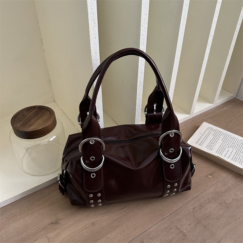 Cross-Border Retro 2026 Spring New Style Metal American-Style Soft Leather Boston Handbag Underarm Pu Leather Women's Shoulder Bag Cross-Border Retro 2026 Spring New Style Metal American-Style Soft Leather Boston Handbag Underarm Pu Leather Women's Shoulder Bag