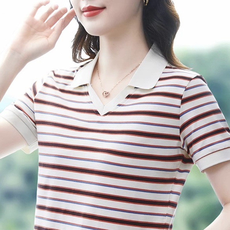 [95% Cotton, 50% Spandex] Striped Summer Thin POLO Style, New Cross-Border Style, Slimming, Stylish, and Age-Reducing for Middle-Aged Mothers