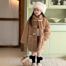 2024冬季新款童装 女童羊羔毛外套 儿童加厚夹棉中长款牛角扣大衣