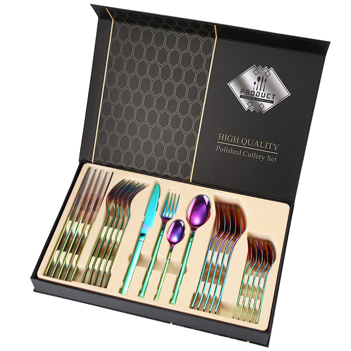 Vajilla de caballero de acero inoxidable de Amazon transfronterizo, bistec occidental, cuchillo, tenedor, cuchara, cuchara de postre, juego de caja de regalo de 24 piezas