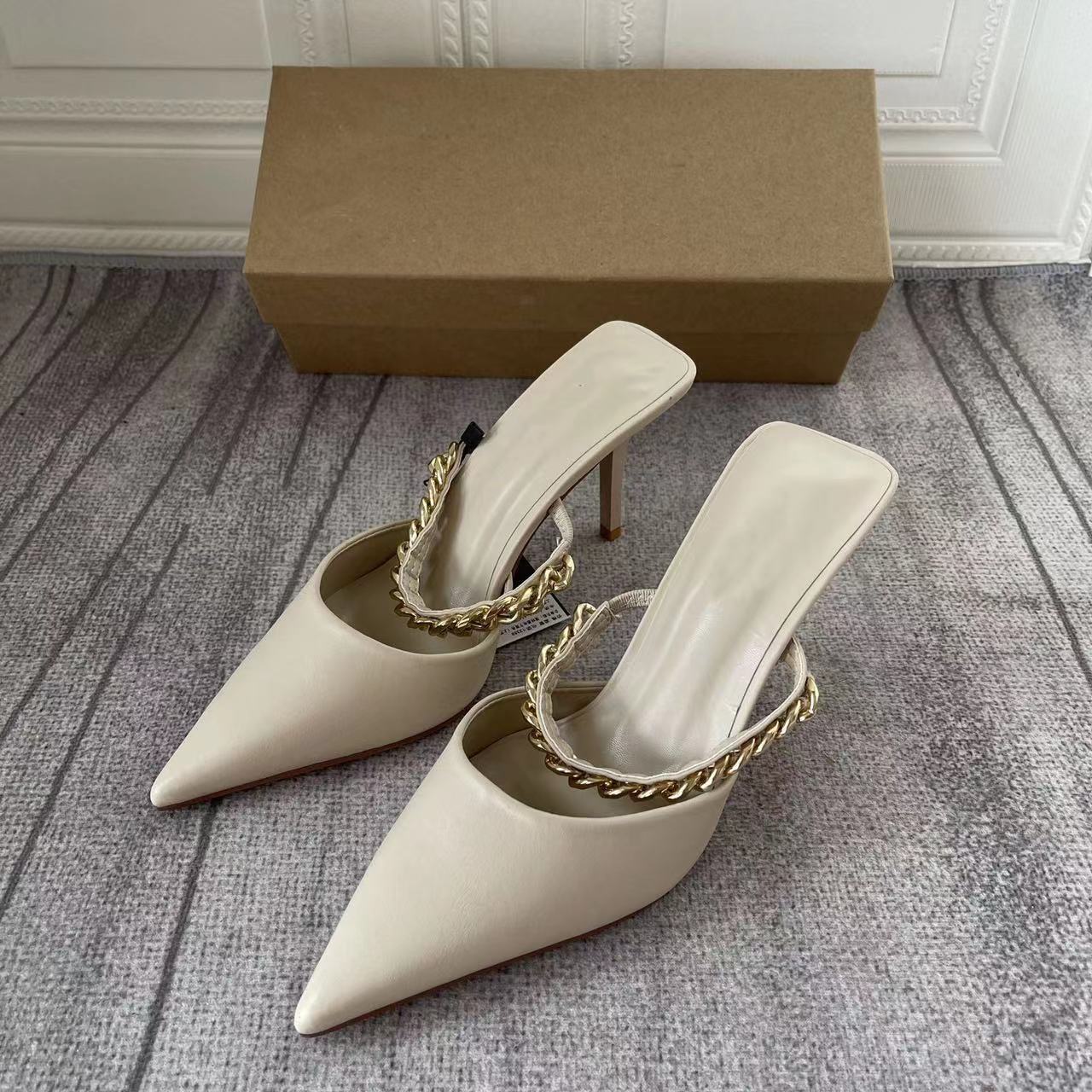 ZA Spring New pointed-toe metal chain stiletto low-cut closed toe high heel back hollow heel European and American fashion sandals for women