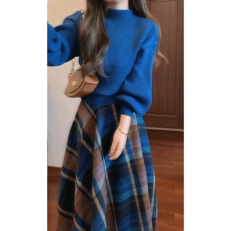 梨型身材显瘦套装女秋季时尚洋气针织毛衣炸街格子半身裙两件套|undefined