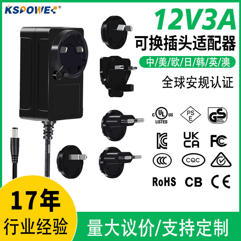 Replaceable Head Power Adapter Ce/Fcc/Cqc/Ukca/Certified 36W Conversion Head 12V3A Power Adapter