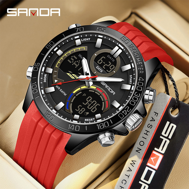 SANDA moda doble pantalla reloj electrónico para hombres multifuncional gran dial reloj de estudiantes de luz nocturna reloj de pulsera