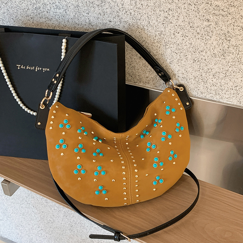 Foreign trade niche retro frosted colored diamond handbag for women, autumn vintage bohemian casual shoulder crossbody bag