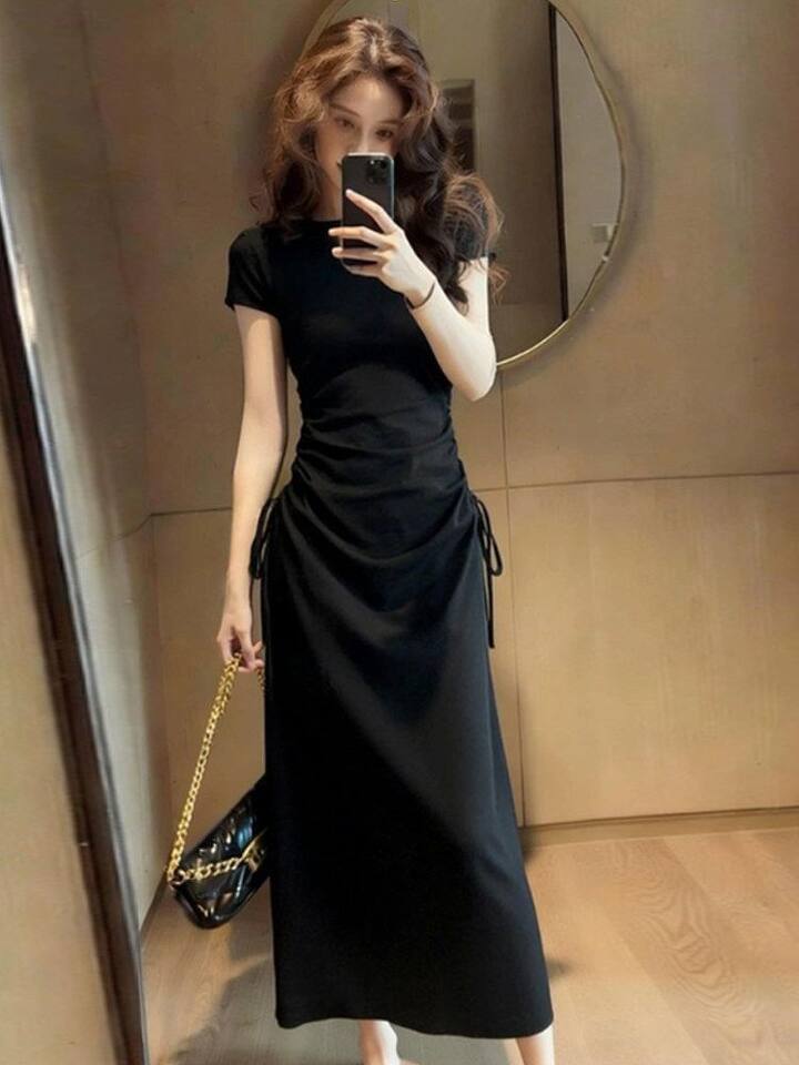 Đầm liền thân tay ngắn cổ polo dáng chữ A chiết eo tôn dáng — Xám đậm [Phiên bản nâng cấp cao cấp], Đen [Phiên bản nâng cấp cao cấp] chi tiết 18