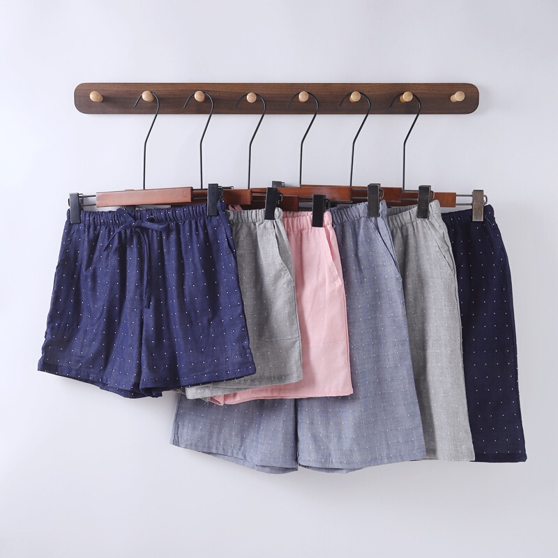 Couple Summer Unprinted Yarn-dyed Double-layer Gauze Shorts Men's Cotton Home Pants Women's Three-part Pants Sweat-absorbent Breathable Beach Couple Summer Unprinted Yarn-dyed Double-layer Gauze Shorts Men's Cotton Home Pants Women's Three-part Pants Sweat-absorbent Breathable Beach