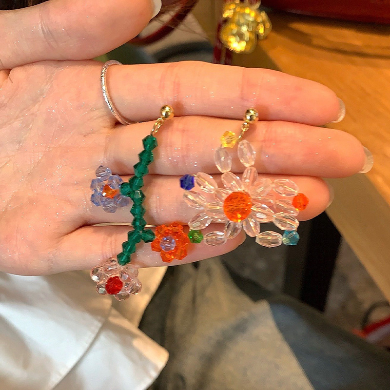 小清新甜美串珠不对称花朵耳钉女法式田园风温柔可爱灵动俏皮耳环|undefined