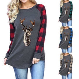 2020亚马逊热卖外贸女上衣 圣诞老人图案印花圆领插肩长袖t恤女