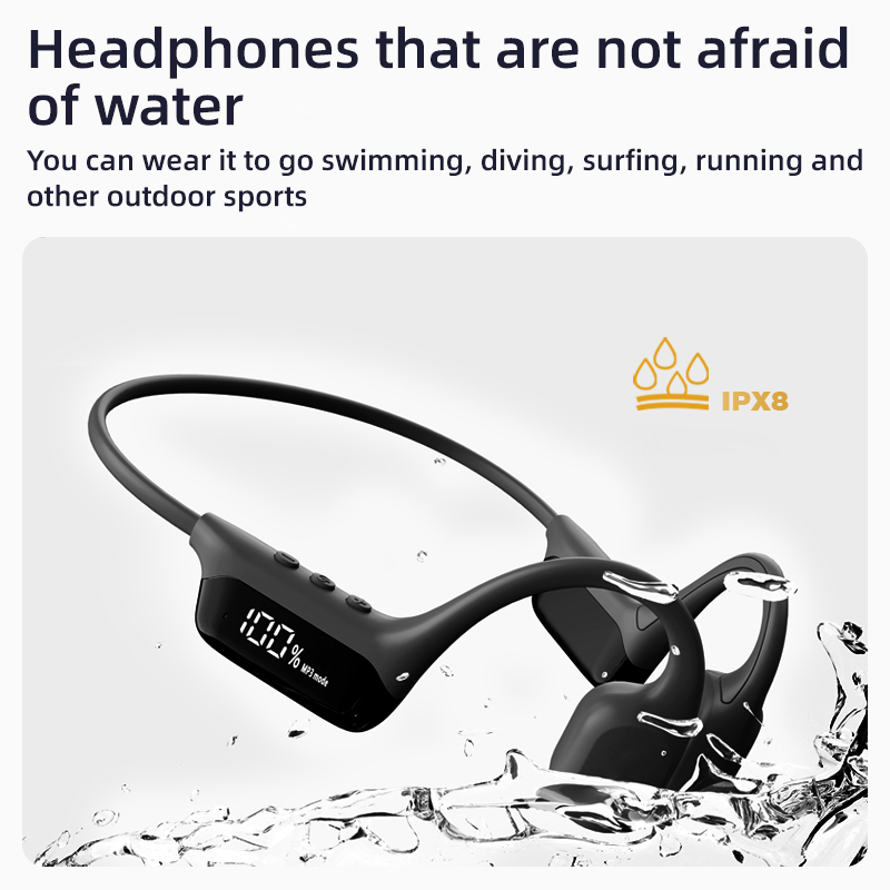 IPX8 bone conduction swimming Bluetooth headphones with built-in MP3 memory, digital display, non-in-ear, over-ear design for diving and sports IPX8 bone conduction swimming Bluetooth headphones with built-in MP3 memory, digital display, non-in-ear, over-ear design for diving and sports