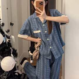 蓝调碎花婴儿棉睡衣女夏季薄款短袖长裤蕾丝花边家居服
