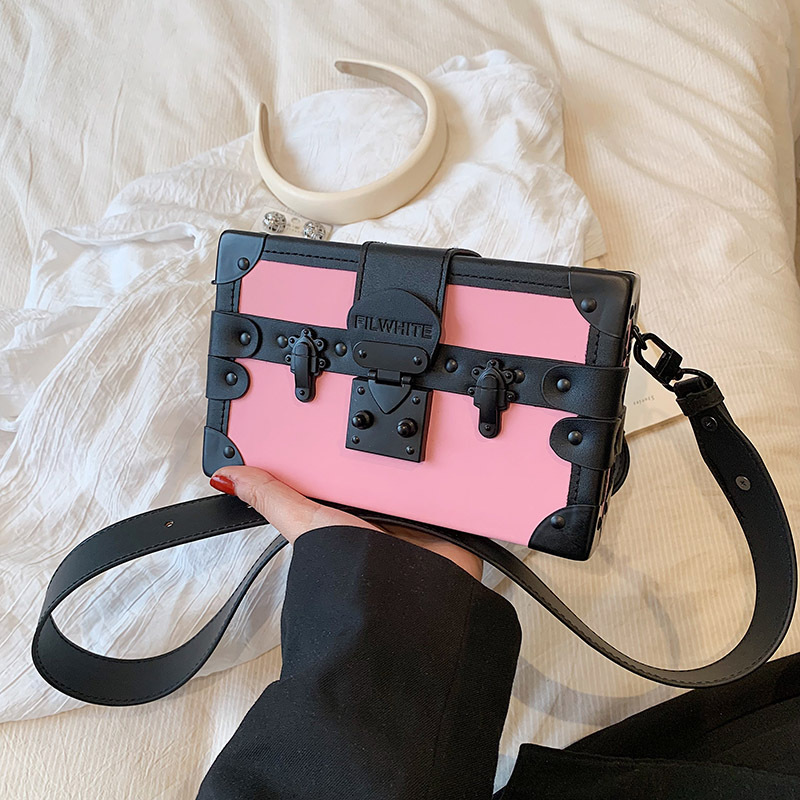 Korean style trendy brand contrasting color box bag 2024 small fresh Hong Kong style fashion crossbody women's bag texture lock shoulder bag_voghion.com