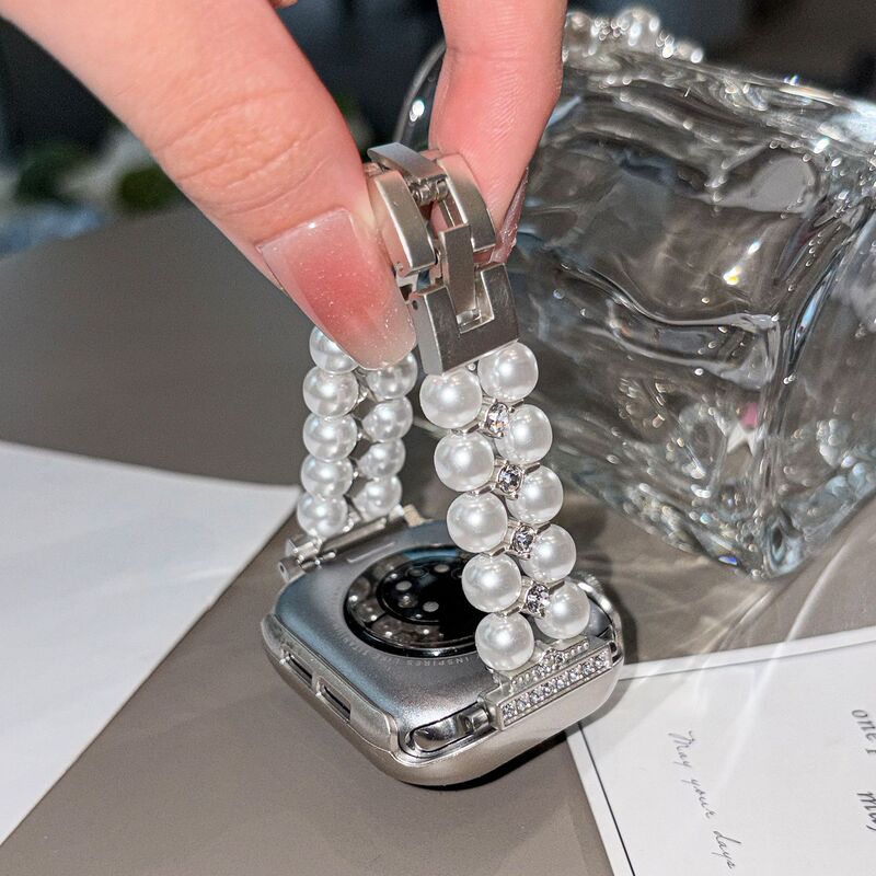 Suitable for Apple S10 Watch S11 Pearl Bracelet High-End Style Chanel-Inspired iWatch Summer High-End Fashion Style Ap