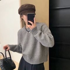 新品感简约好看灰色套头毛衣女夏新款慵懒风显瘦百搭新品打底衫