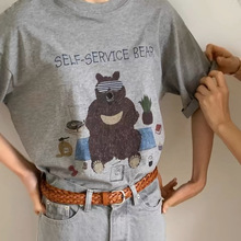 现/self service可爱眼罩熊印花宽松休闲短袖T恤韩国东大门同款