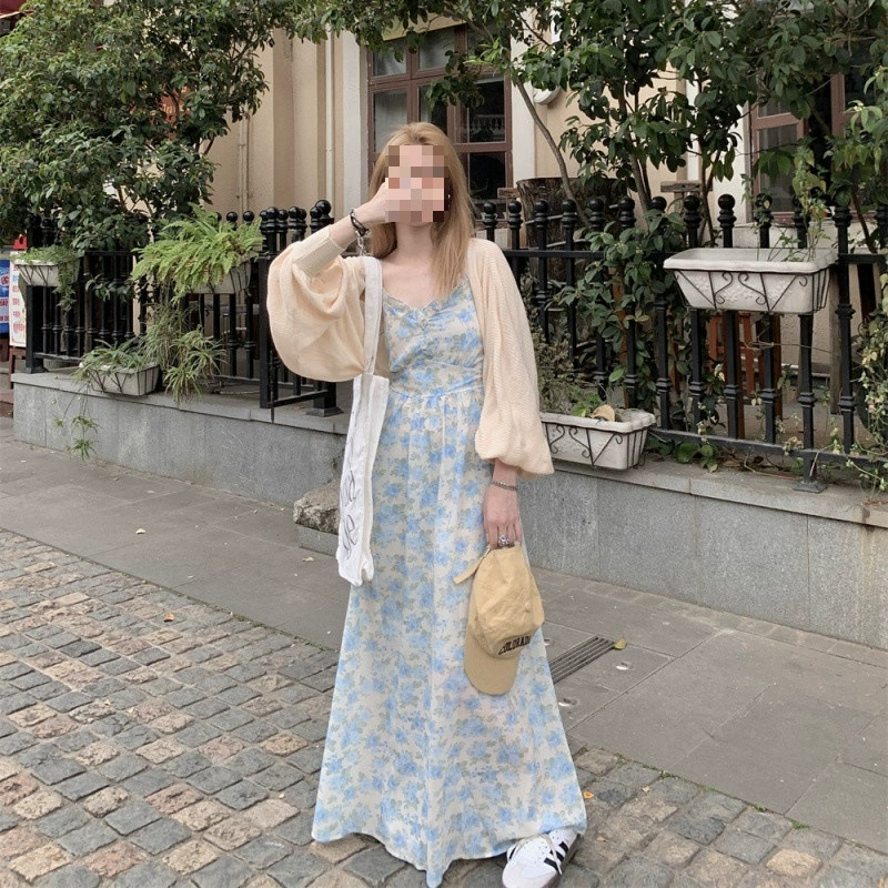 YS8 высокое элегантное супертонкое платье на подтяжках с цветочным принтом женское милое женское платье длиной до щиколотки