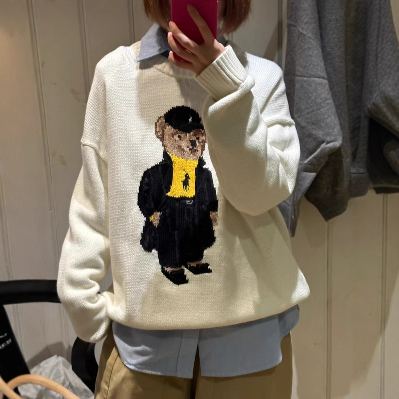 2025 Autumn and Winter Polo Bear Pure Cotton Round Neck Knitted Long-Sleeved Loose British Style Age-Reducing Embroidered Bear Cartoon Sweater 2025 Autumn and Winter Polo Bear Pure Cotton Round Neck Knitted Long-Sleeved Loose British Style Age-Reducing Embroidered Bear Cartoon Sweater