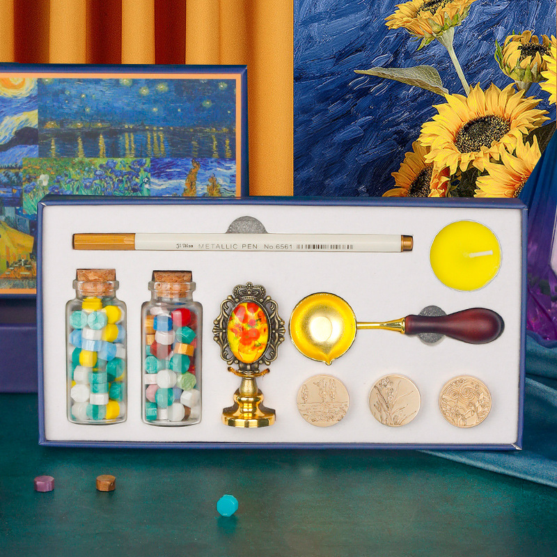 Engraving Seal Head Set Complete Gift Box Van Gogh Painting Art Retro Style Engraving Columbine Sunflower