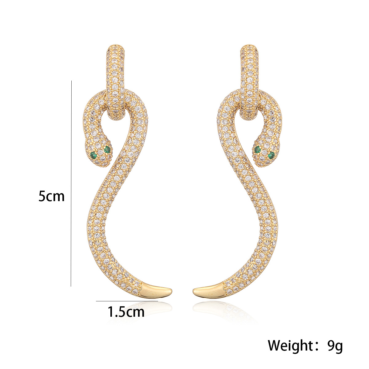 6g Weight 304 Stainless Steel Ear Needle Material 1 Pair Retro Classic Style Snake Copper Zircon 18K Gold Plated Ear Studs